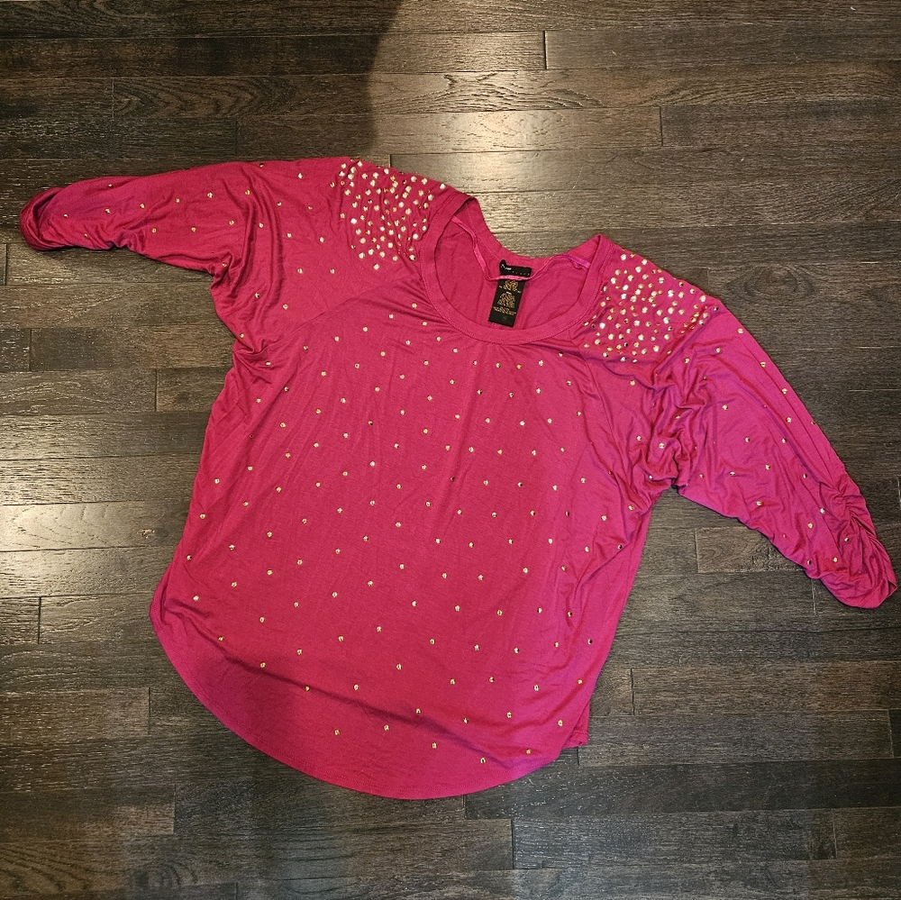 Boutique 3/4 Dolman Sleeve w/Ruching Top - Pink w/Gold Embellishments- SZ XXL
